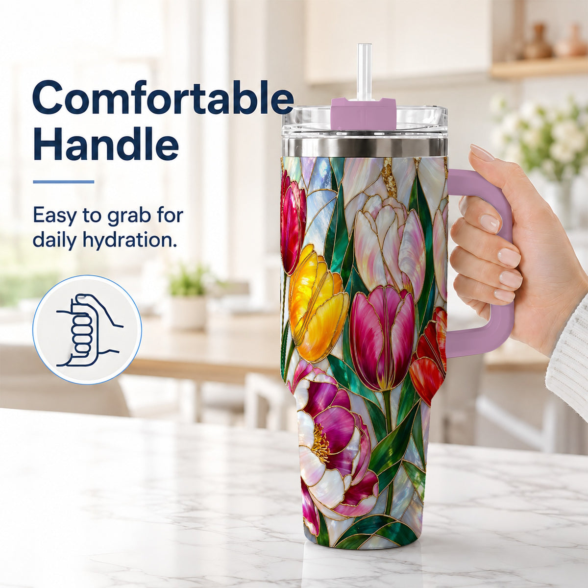 #pl[40oz|Pink] Colorful Tulip 40oz Tumbler, Stained Glass Stainless Steel Travel Cup