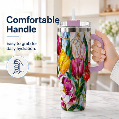 #pl[40oz|Pink] Colorful Tulip 40oz Tumbler, Stained Glass Stainless Steel Travel Cup