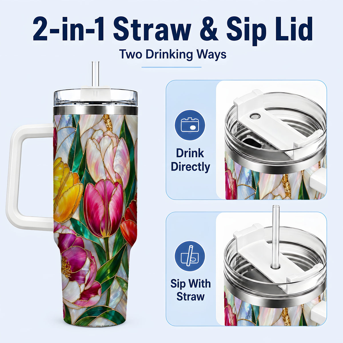 #pl[40oz|White] Colorful Tulip 40oz Tumbler, Stained Glass Stainless Steel Travel Cup