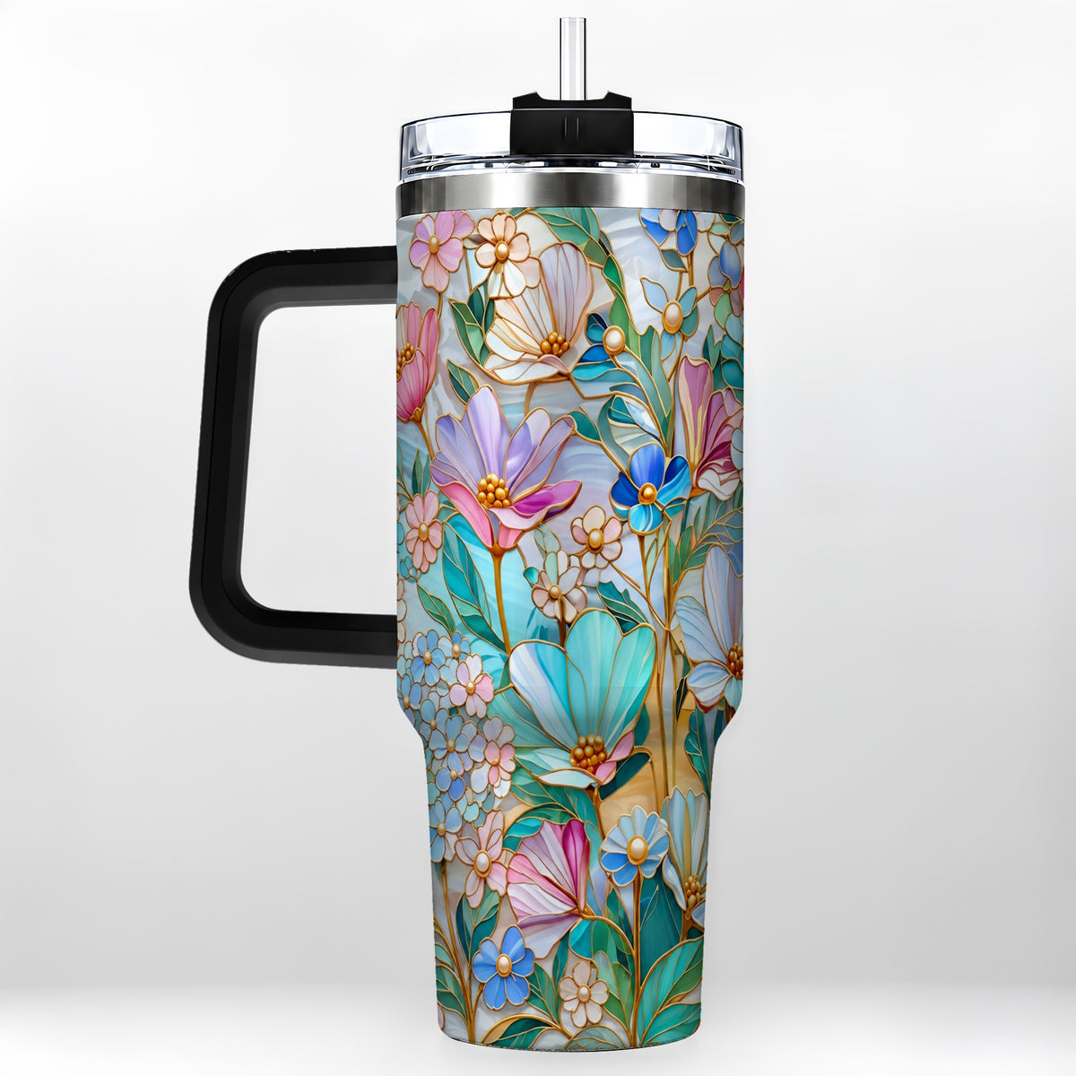 #pl[40oz|Black] Pastel Wildflower 40oz Tumbler, Floral Stainless Steel Travel Cup