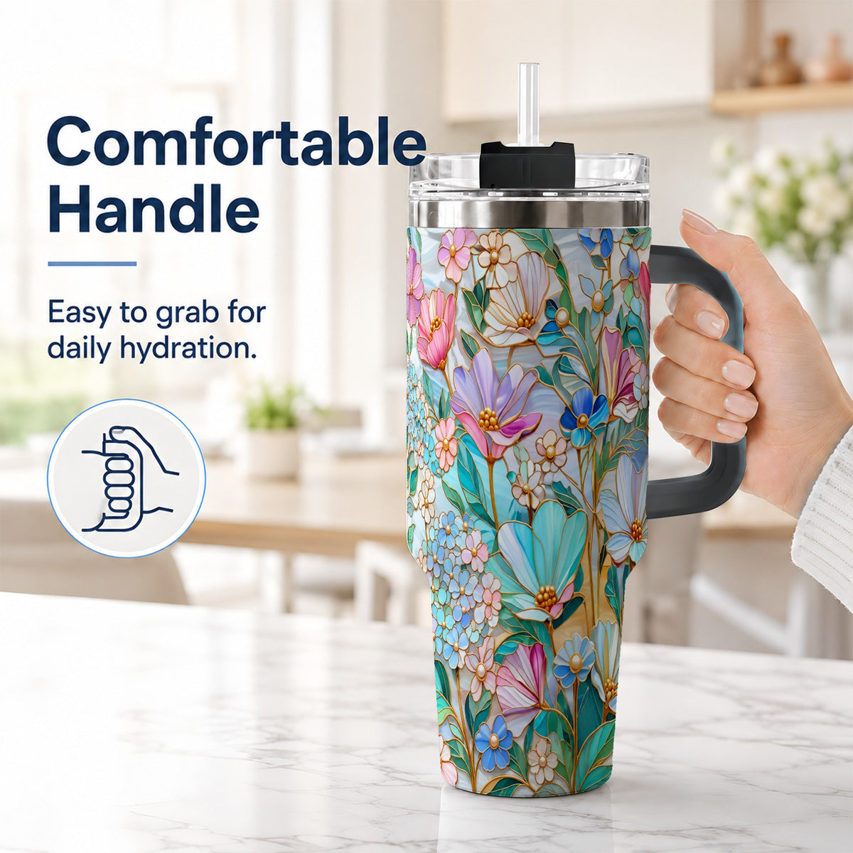 #pl[40oz|Black] Pastel Wildflower 40oz Tumbler, Floral Stainless Steel Travel Cup