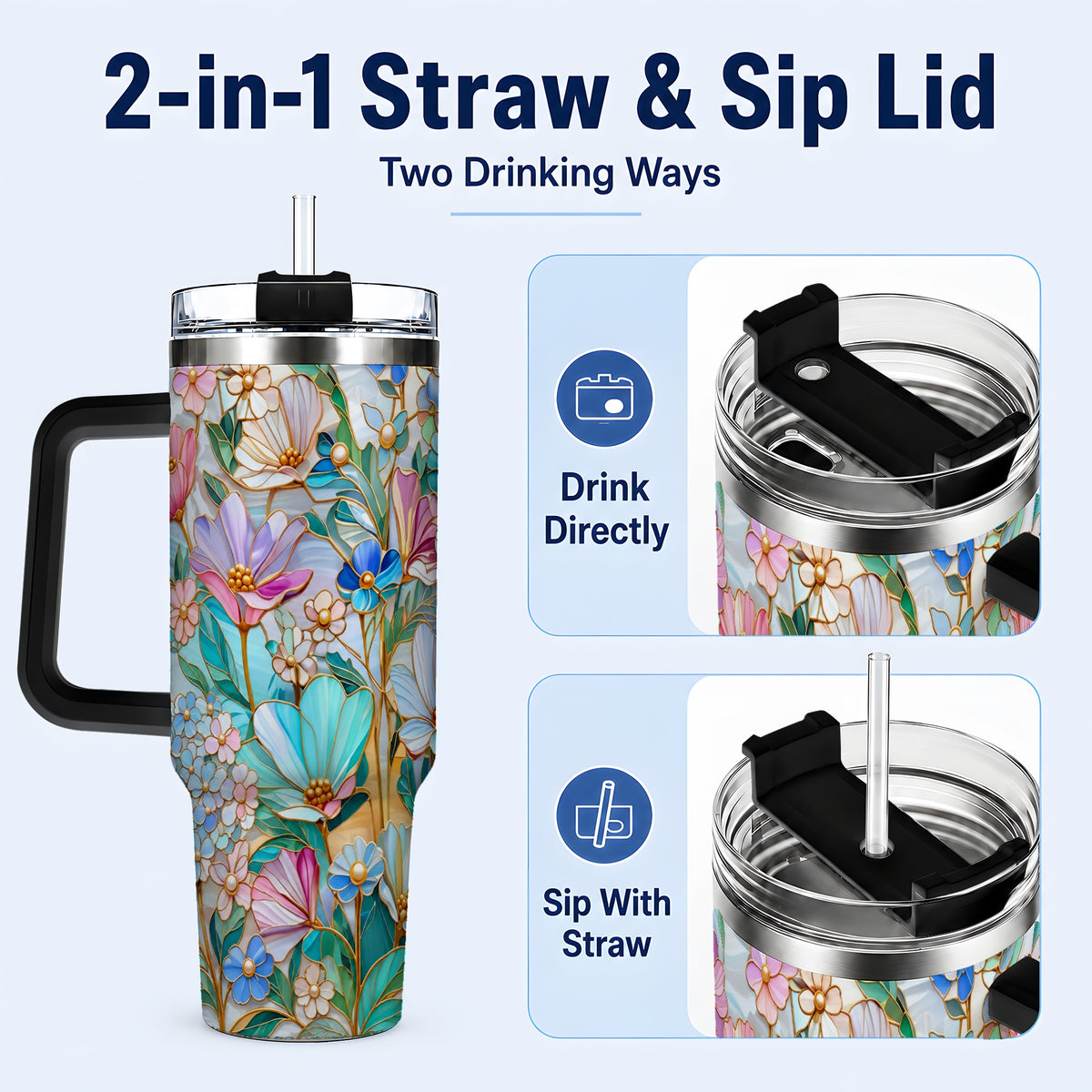 #pl[40oz|Black] Pastel Wildflower 40oz Tumbler, Floral Stainless Steel Travel Cup