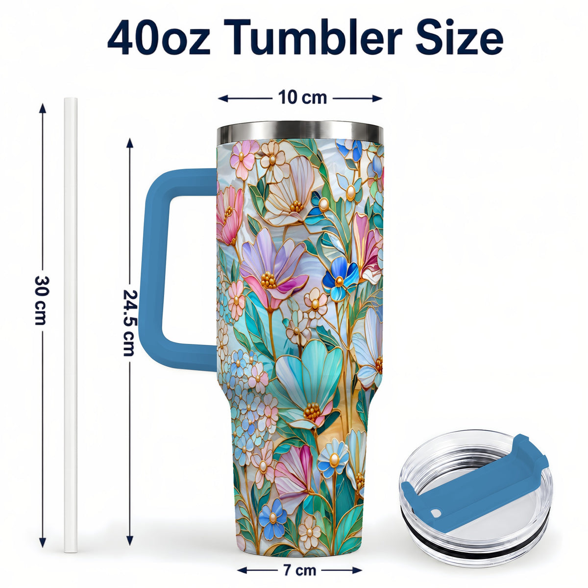 #pl[40oz|Blue] Pastel Wildflower 40oz Tumbler, Floral Stainless Steel Travel Cup