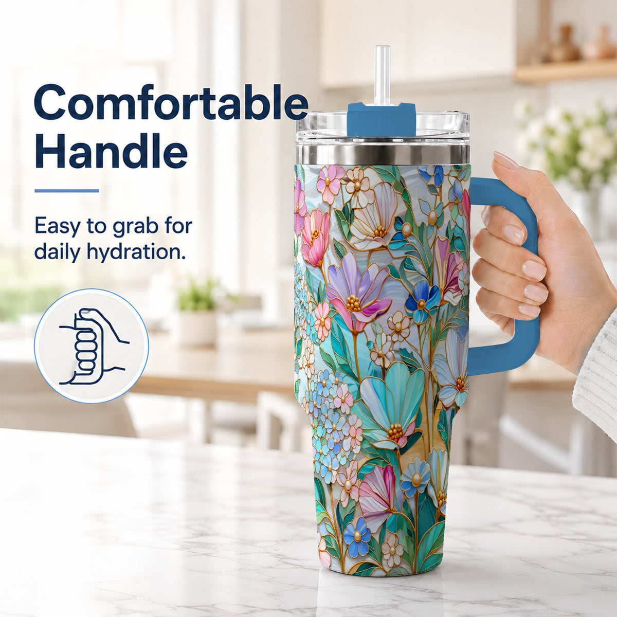 #pl[40oz|Blue] Pastel Wildflower 40oz Tumbler, Floral Stainless Steel Travel Cup