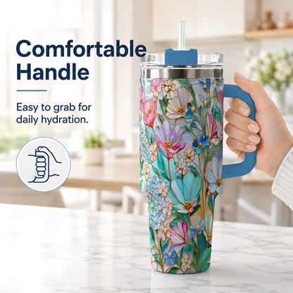 #pl[40oz|Blue] Pastel Wildflower 40oz Tumbler, Floral Stainless Steel Travel Cup