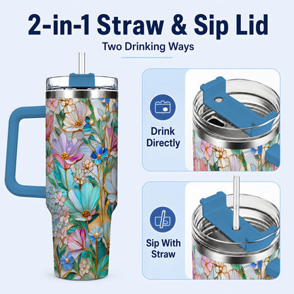 #pl[40oz|Blue] Pastel Wildflower 40oz Tumbler, Floral Stainless Steel Travel Cup
