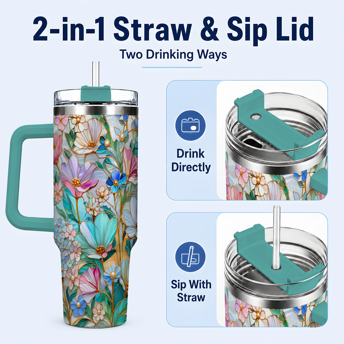 #pl[40oz|Green] Pastel Wildflower 40oz Tumbler, Floral Stainless Steel Travel Cup