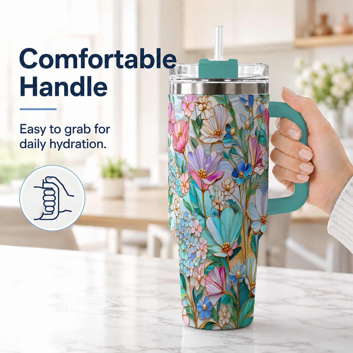 #pl[40oz|Green] Pastel Wildflower 40oz Tumbler, Floral Stainless Steel Travel Cup
