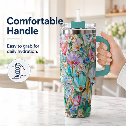 #pl[40oz|Green] Pastel Wildflower 40oz Tumbler, Floral Stainless Steel Travel Cup