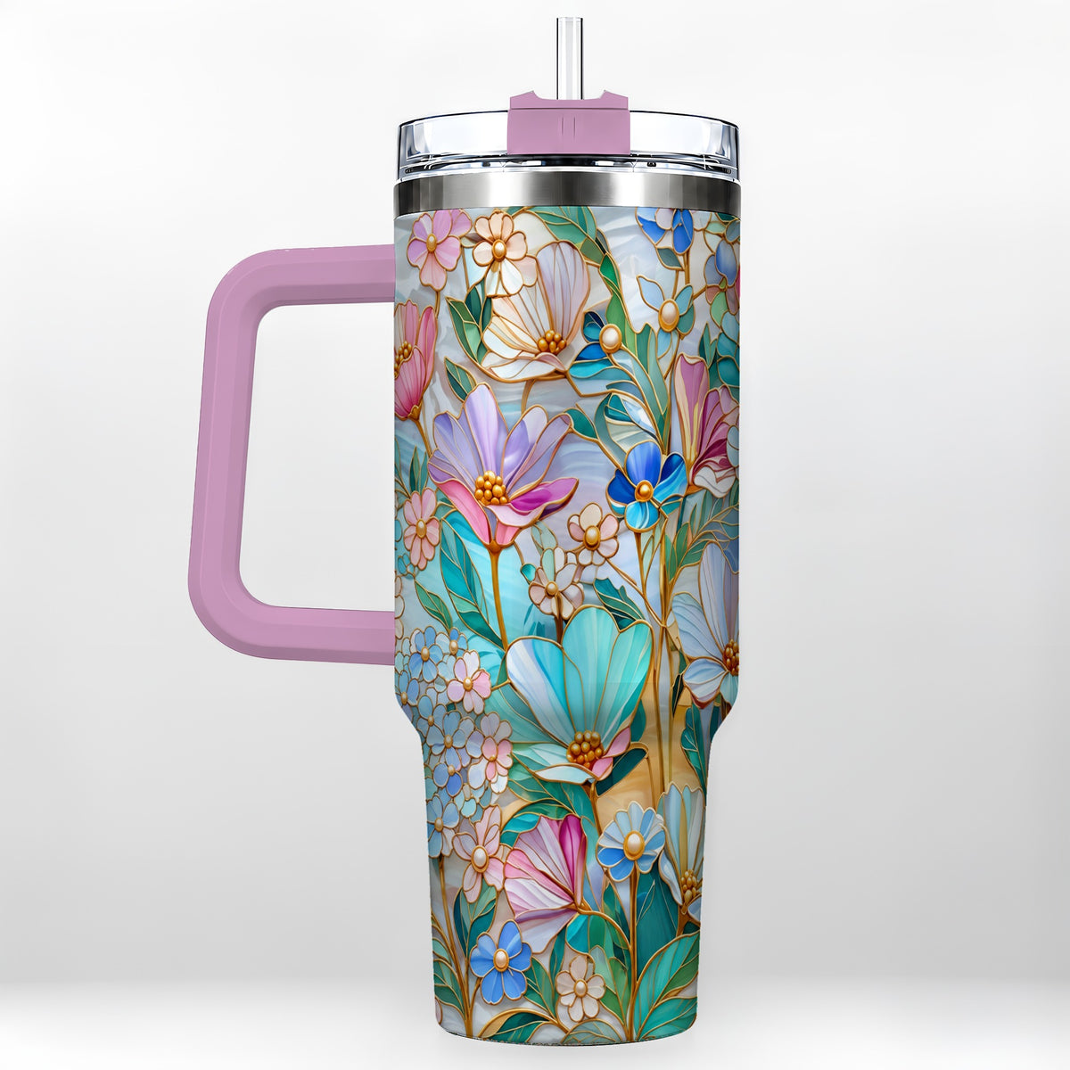 #pl[40oz|Pink] Pastel Wildflower 40oz Tumbler, Floral Stainless Steel Travel Cup