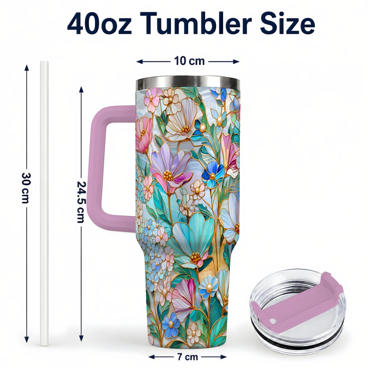 #pl[40oz|Pink] Pastel Wildflower 40oz Tumbler, Floral Stainless Steel Travel Cup