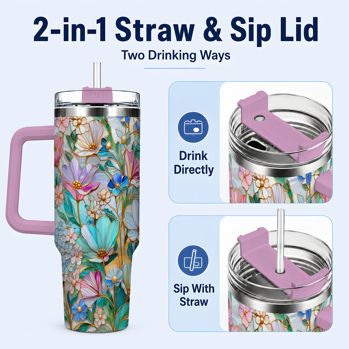 #pl[40oz|Pink] Pastel Wildflower 40oz Tumbler, Floral Stainless Steel Travel Cup