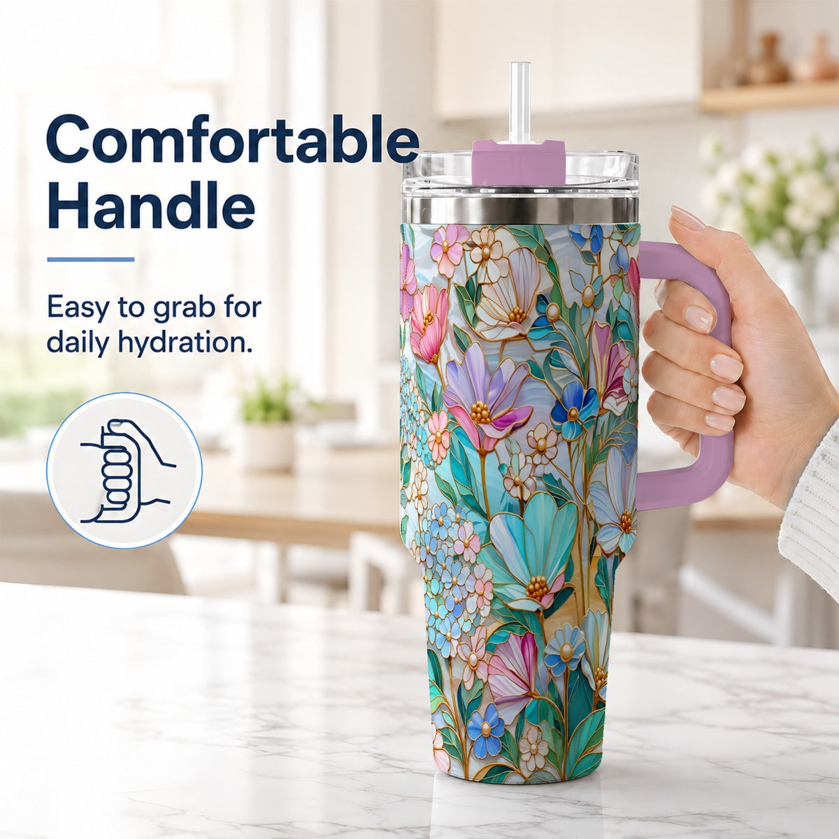 #pl[40oz|Pink] Pastel Wildflower 40oz Tumbler, Floral Stainless Steel Travel Cup