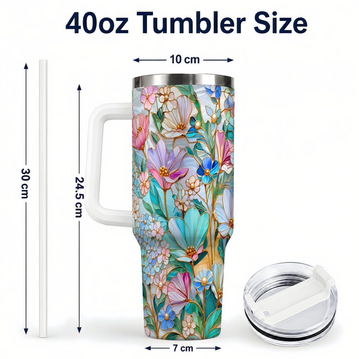 #pl[40oz|White] Pastel Wildflower 40oz Tumbler, Floral Stainless Steel Travel Cup