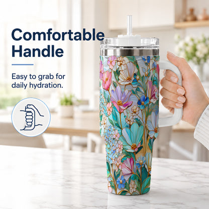 #pl[40oz|White] Pastel Wildflower 40oz Tumbler, Floral Stainless Steel Travel Cup