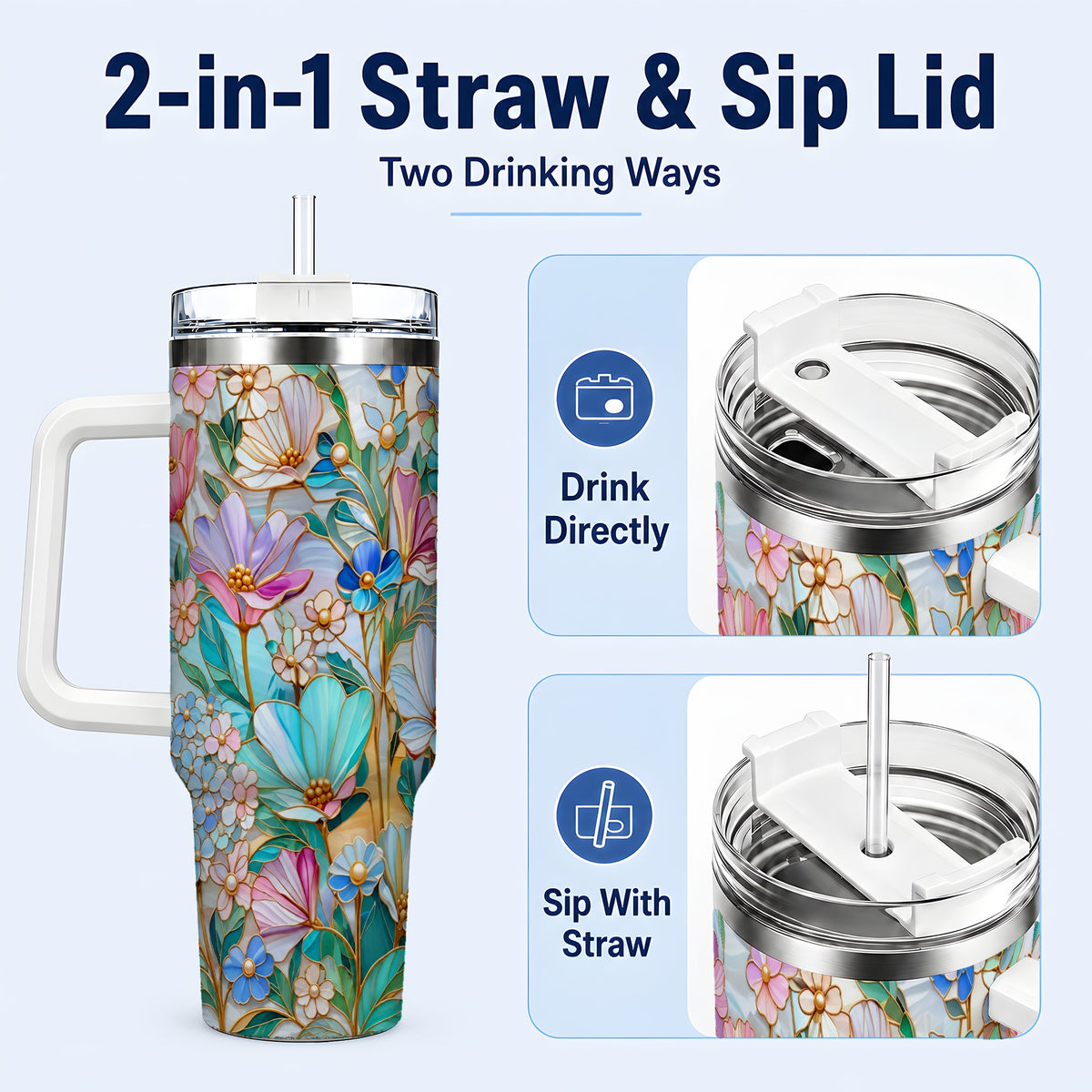 #pl[40oz|White] Pastel Wildflower 40oz Tumbler, Floral Stainless Steel Travel Cup