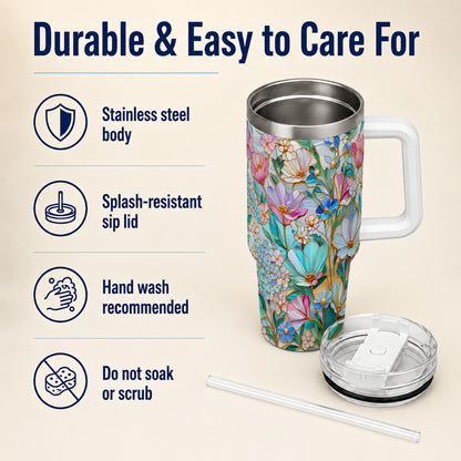 Pastel Wildflower 40oz Tumbler, Floral Stainless Steel Travel Cup
