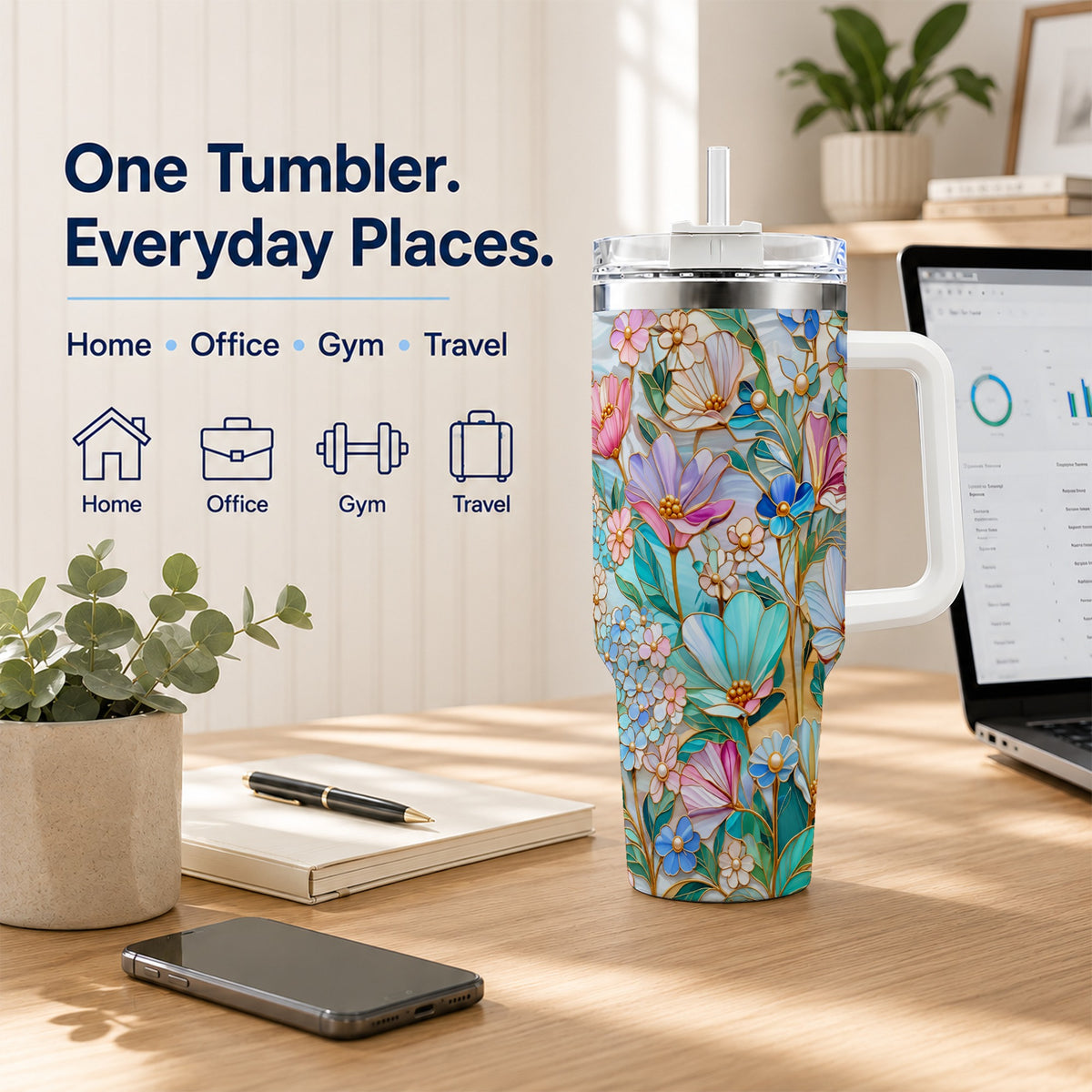 Pastel Wildflower 40oz Tumbler, Floral Stainless Steel Travel Cup