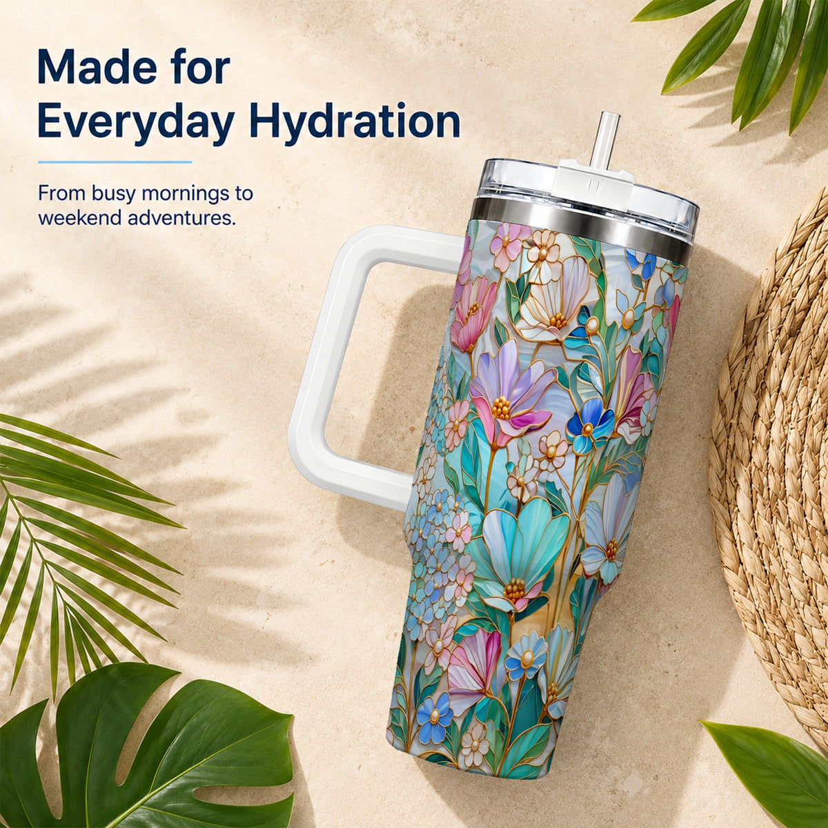 Pastel Wildflower 40oz Tumbler, Floral Stainless Steel Travel Cup