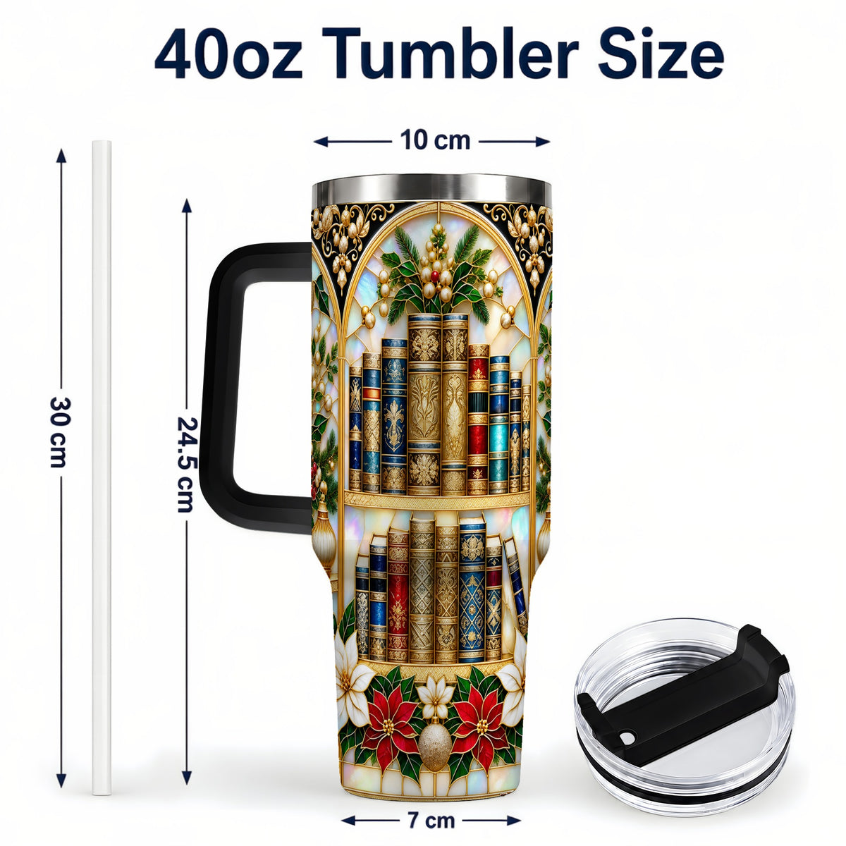 #pl[40oz|Black] Christmas Library 40oz Tumbler, Holiday Book Stainless Steel Travel Cup