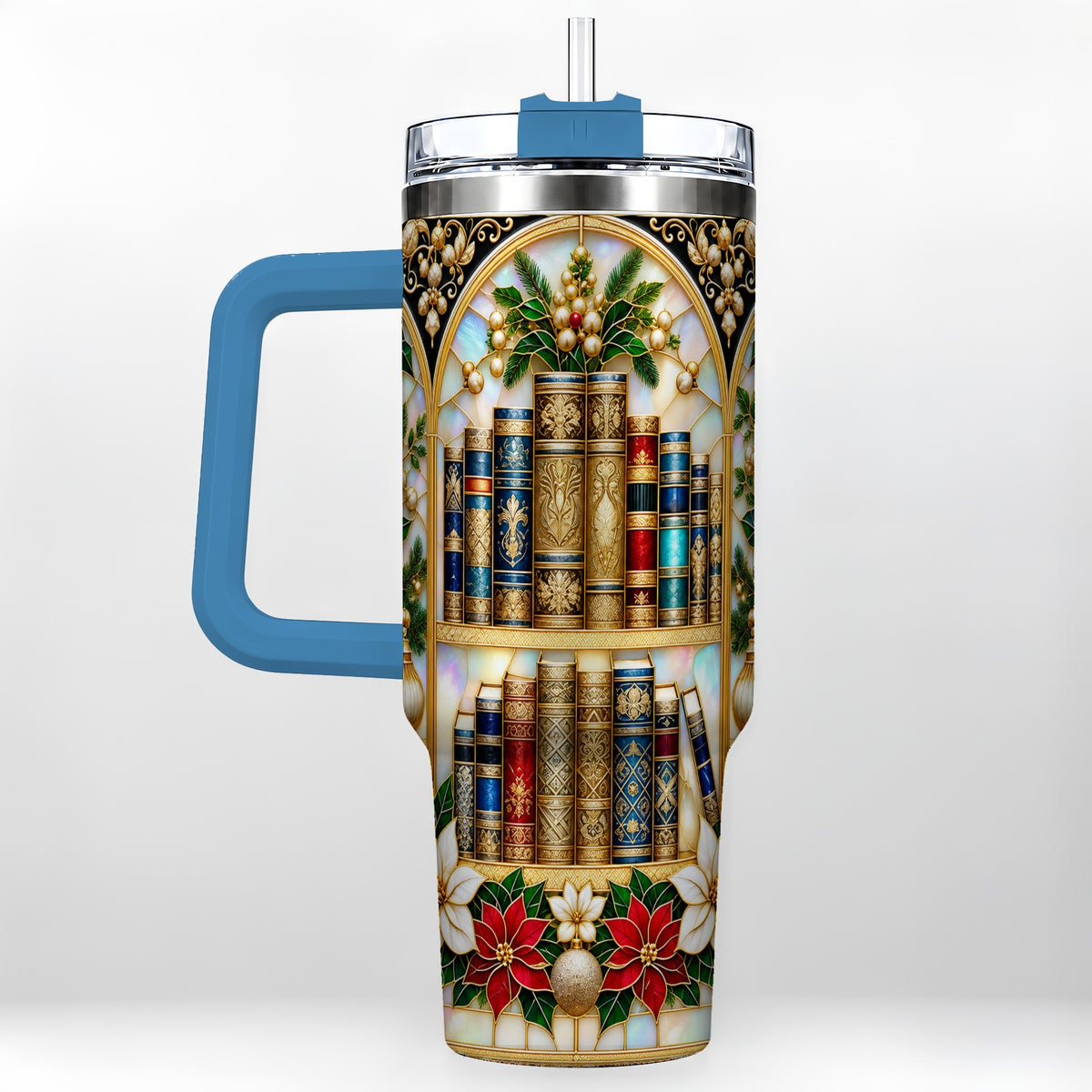 #pl[40oz|Blue] Christmas Library 40oz Tumbler, Holiday Book Stainless Steel Travel Cup
