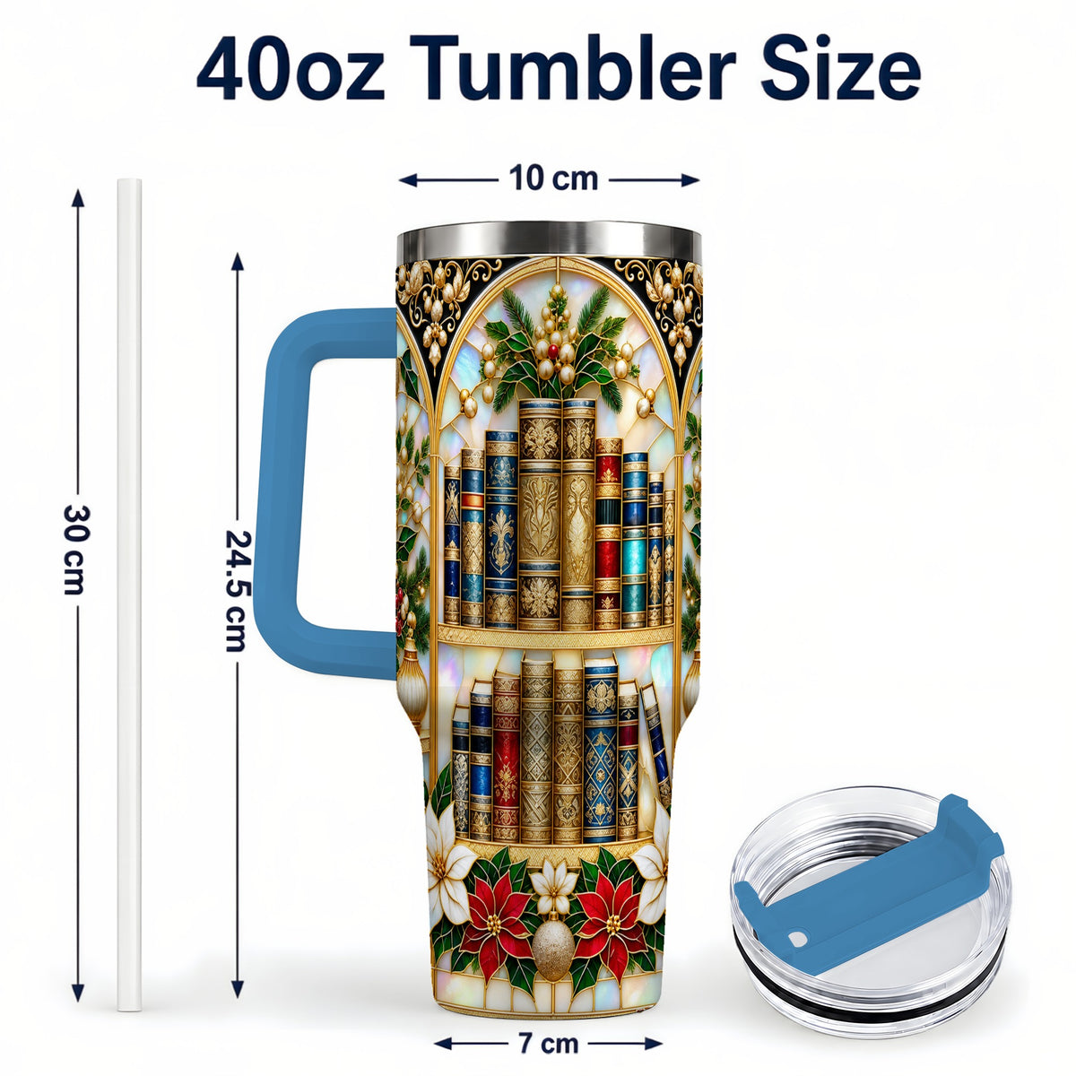 #pl[40oz|Blue] Christmas Library 40oz Tumbler, Holiday Book Stainless Steel Travel Cup