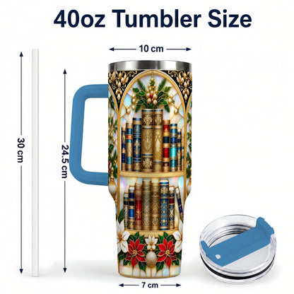 #pl[40oz|Blue] Christmas Library 40oz Tumbler, Holiday Book Stainless Steel Travel Cup