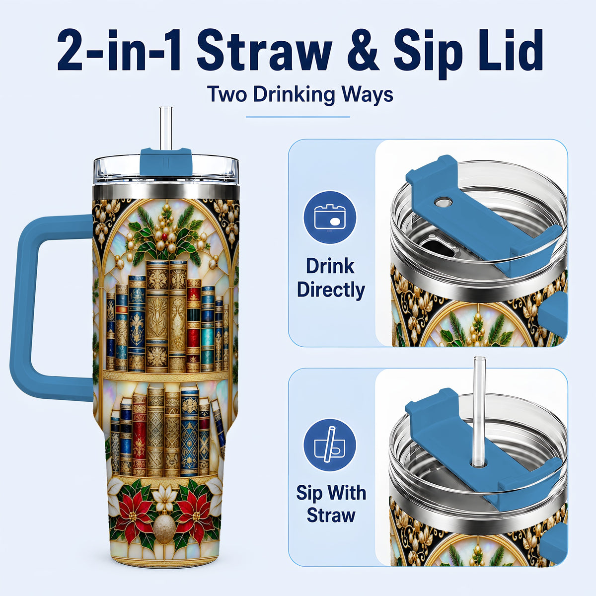 #pl[40oz|Blue] Christmas Library 40oz Tumbler, Holiday Book Stainless Steel Travel Cup