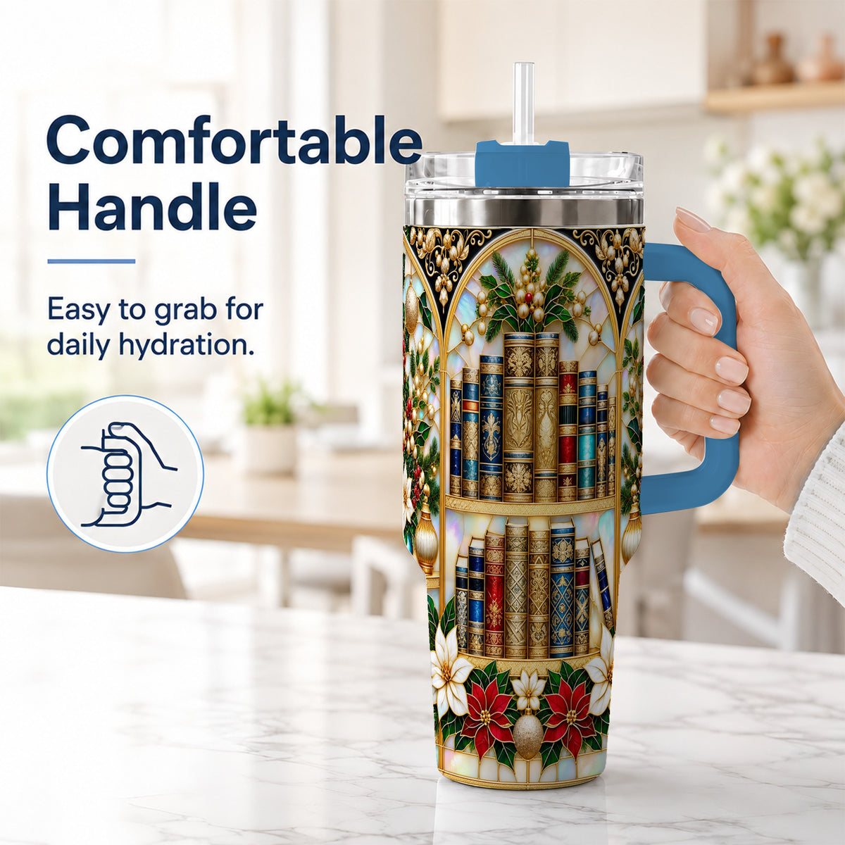 #pl[40oz|Blue] Christmas Library 40oz Tumbler, Holiday Book Stainless Steel Travel Cup