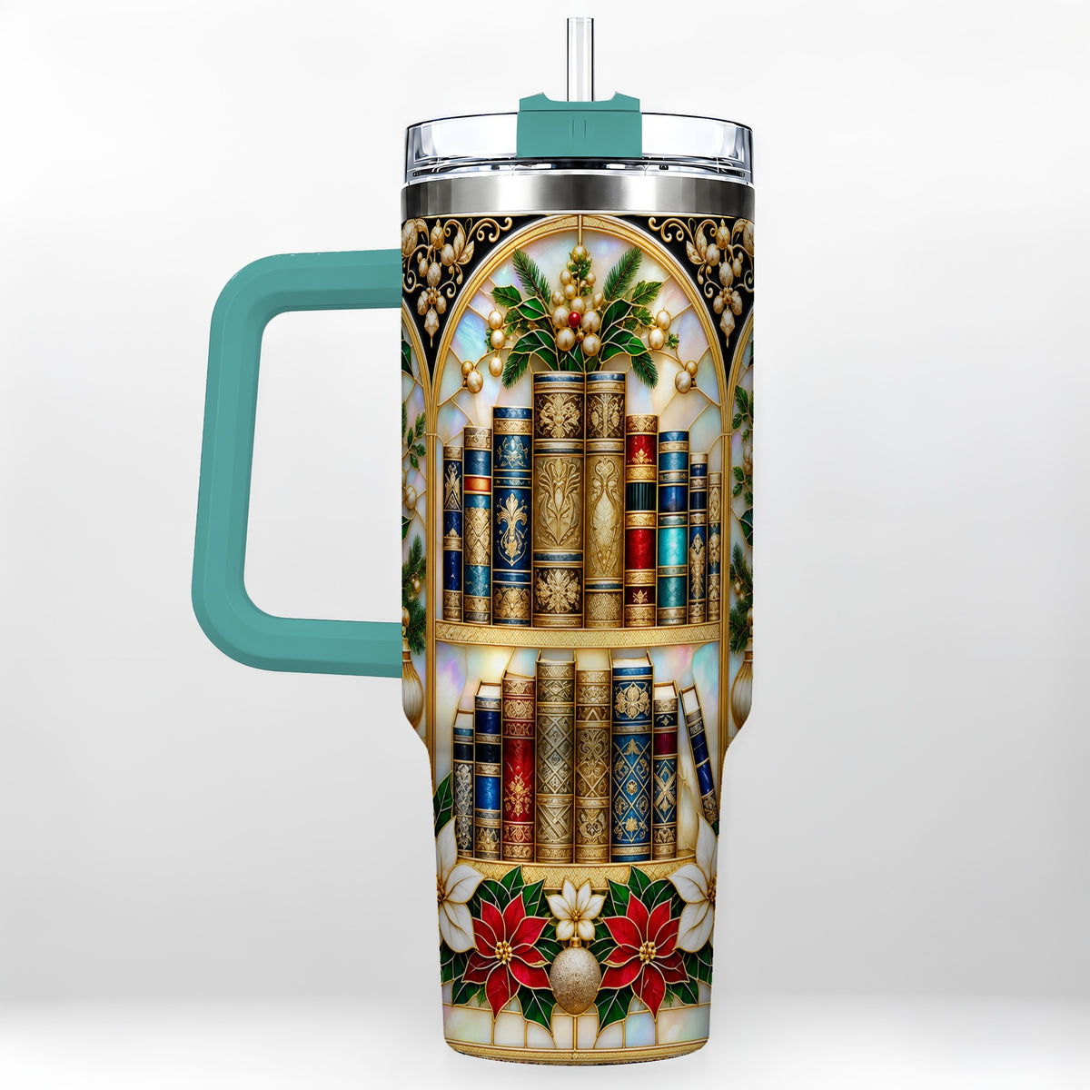 #pl[40oz|Green] Christmas Library 40oz Tumbler, Holiday Book Stainless Steel Travel Cup