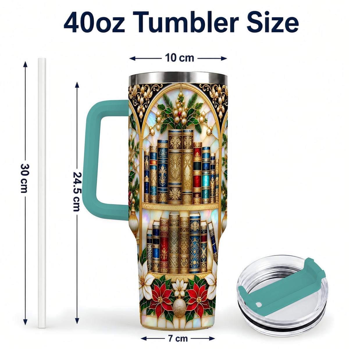 #pl[40oz|Green] Christmas Library 40oz Tumbler, Holiday Book Stainless Steel Travel Cup