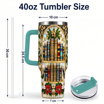 #pl[40oz|Green] Christmas Library 40oz Tumbler, Holiday Book Stainless Steel Travel Cup