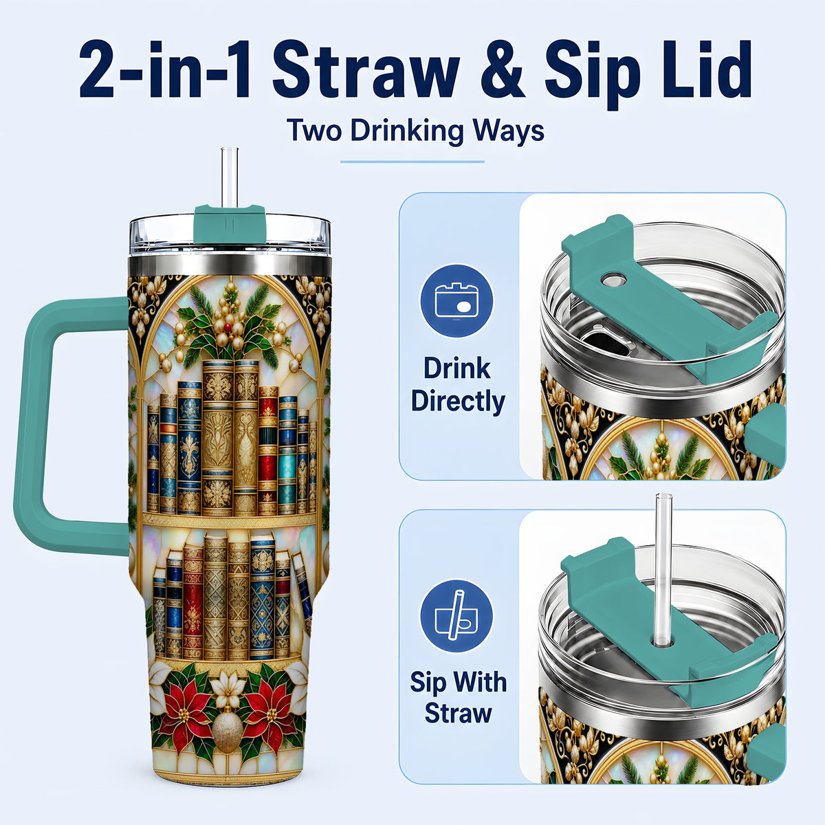#pl[40oz|Green] Christmas Library 40oz Tumbler, Holiday Book Stainless Steel Travel Cup