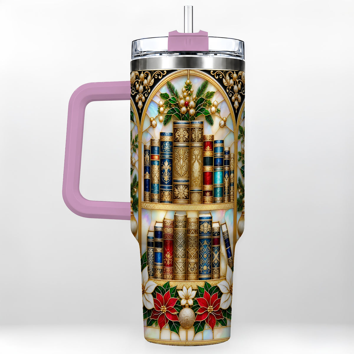 #pl[40oz|Pink] Christmas Library 40oz Tumbler, Holiday Book Stainless Steel Travel Cup