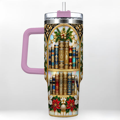 #pl[40oz|Pink] Christmas Library 40oz Tumbler, Holiday Book Stainless Steel Travel Cup