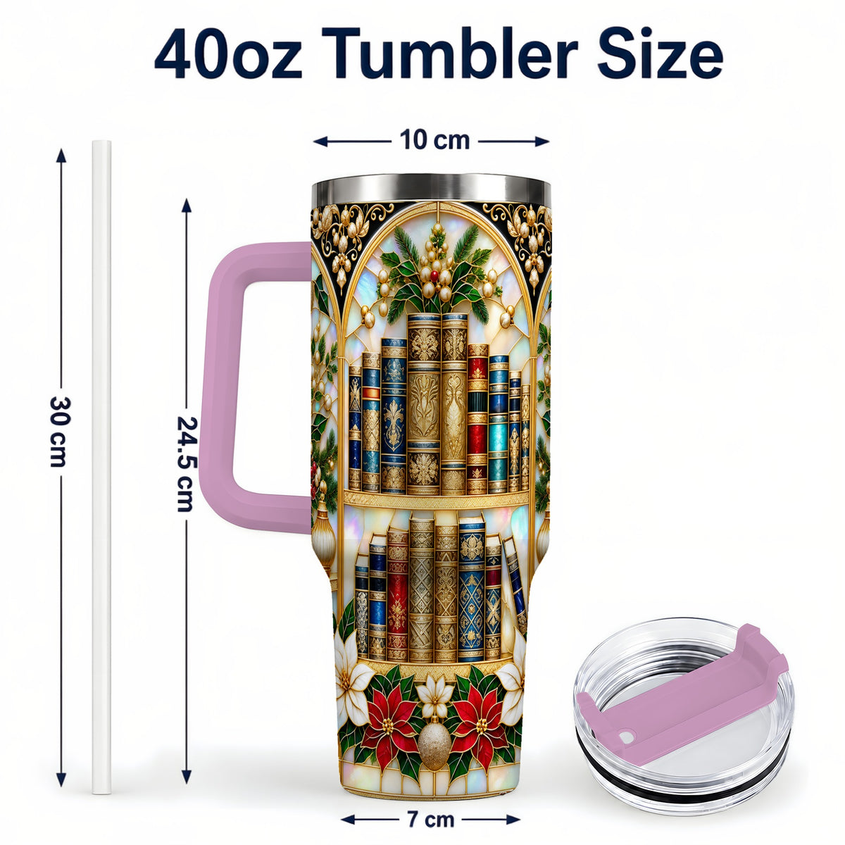 #pl[40oz|Pink] Christmas Library 40oz Tumbler, Holiday Book Stainless Steel Travel Cup