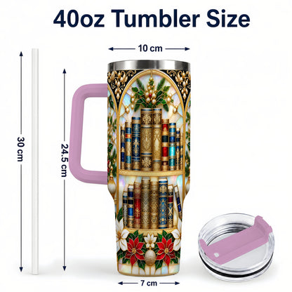 #pl[40oz|Pink] Christmas Library 40oz Tumbler, Holiday Book Stainless Steel Travel Cup