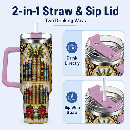 #pl[40oz|Pink] Christmas Library 40oz Tumbler, Holiday Book Stainless Steel Travel Cup