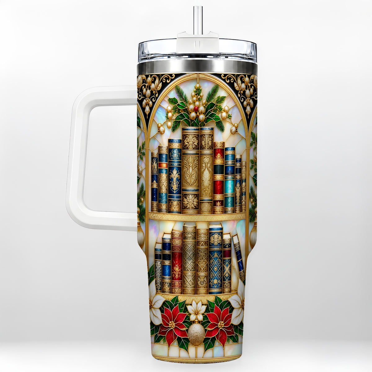 Christmas Library 40oz Tumbler, Holiday Book Stainless Steel Travel Cup