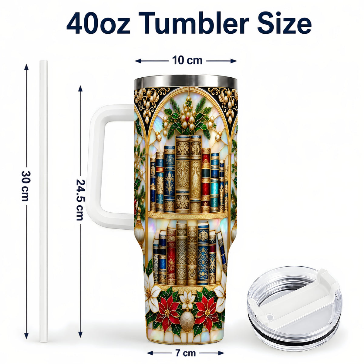 #pl[40oz|White] Christmas Library 40oz Tumbler, Holiday Book Stainless Steel Travel Cup