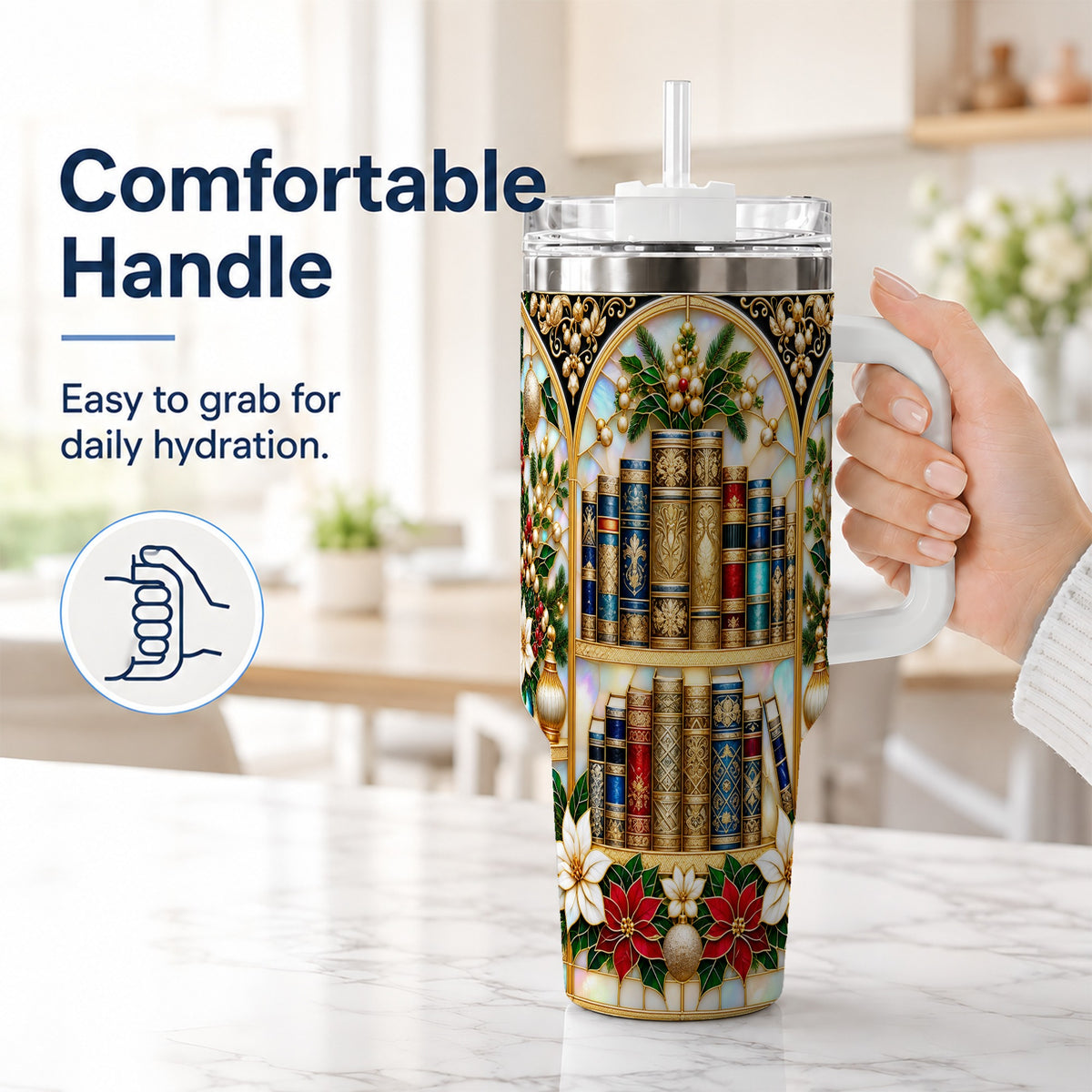 #pl[40oz|White] Christmas Library 40oz Tumbler, Holiday Book Stainless Steel Travel Cup