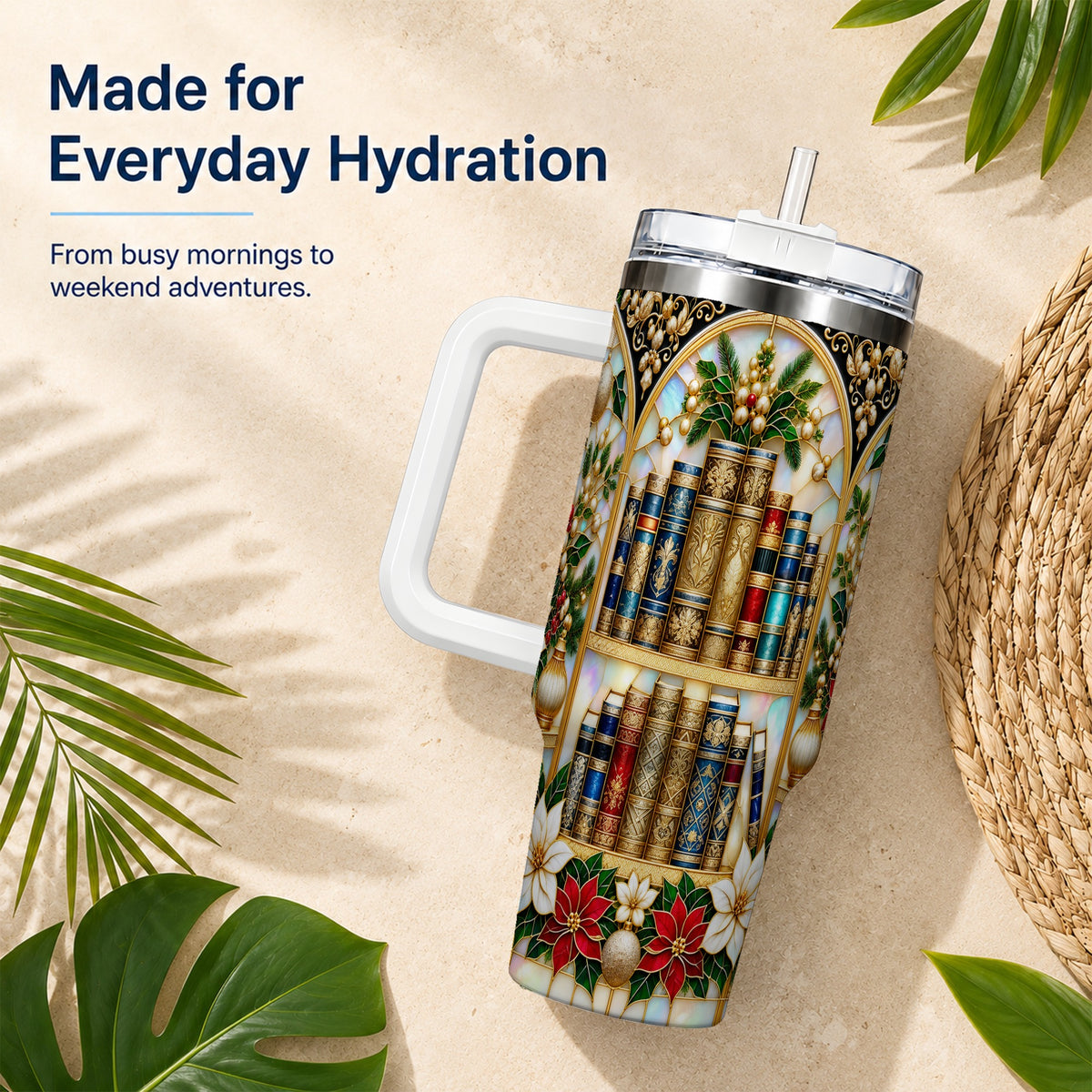Christmas Library 40oz Tumbler, Holiday Book Stainless Steel Travel Cup