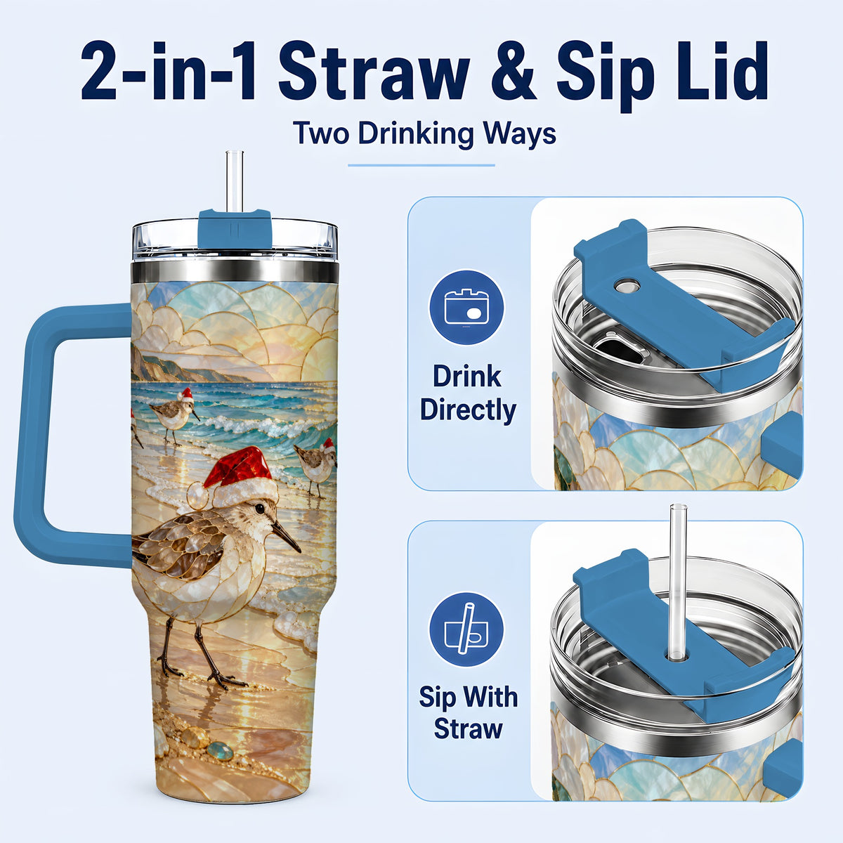 #pl[40oz|Blue] Santa Shorebird Tumbler 40oz, Coastal Tumbler, Stainless Steel Travel Cup