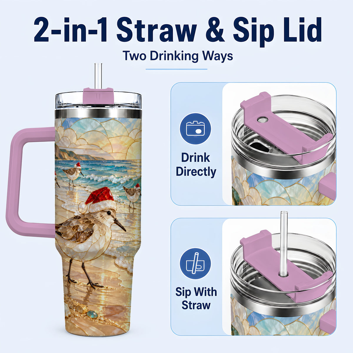 #pl[40oz|Pink] Santa Shorebird Tumbler 40oz, Coastal Tumbler, Stainless Steel Travel Cup