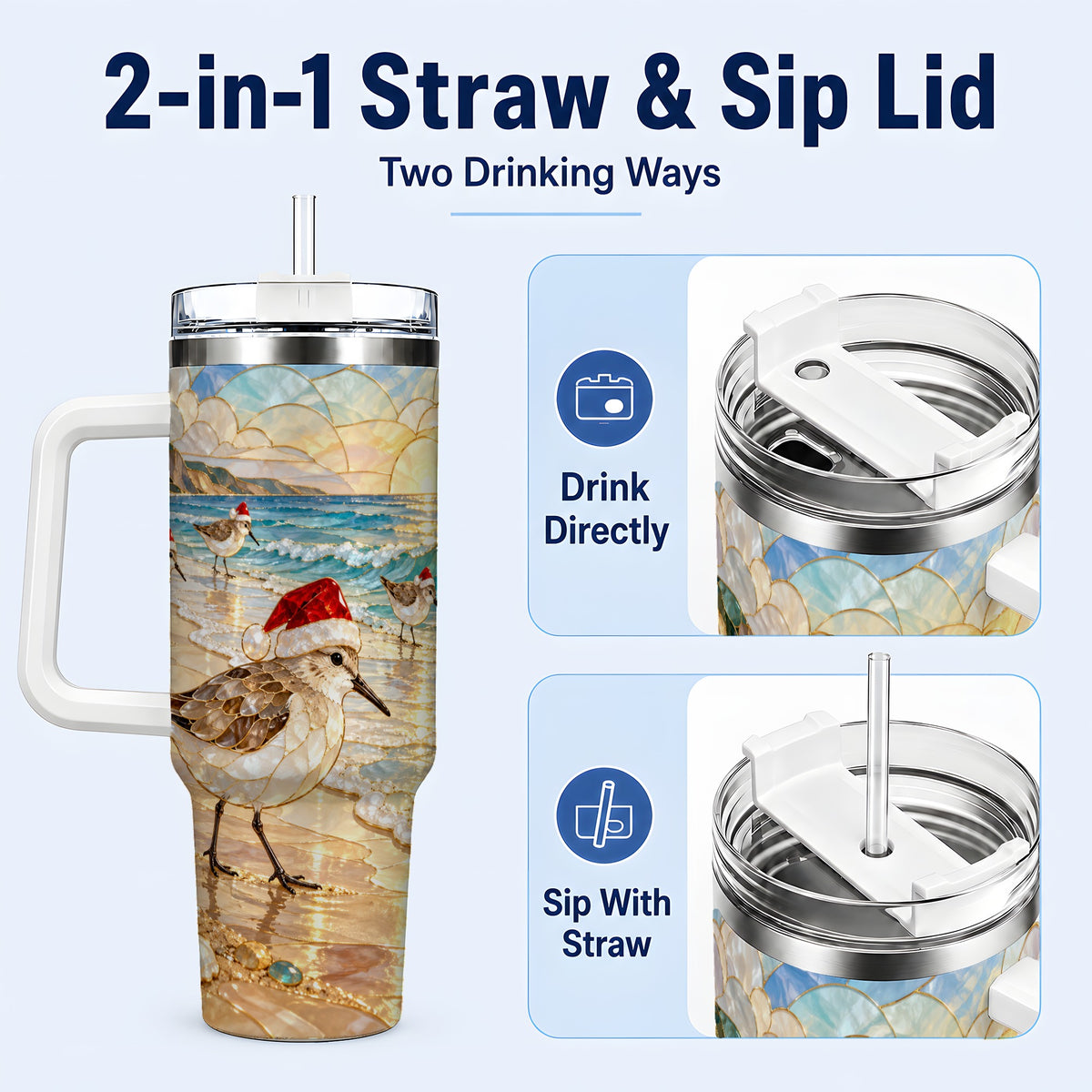#pl[40oz|White] Santa Shorebird Tumbler 40oz, Coastal Tumbler, Stainless Steel Travel Cup