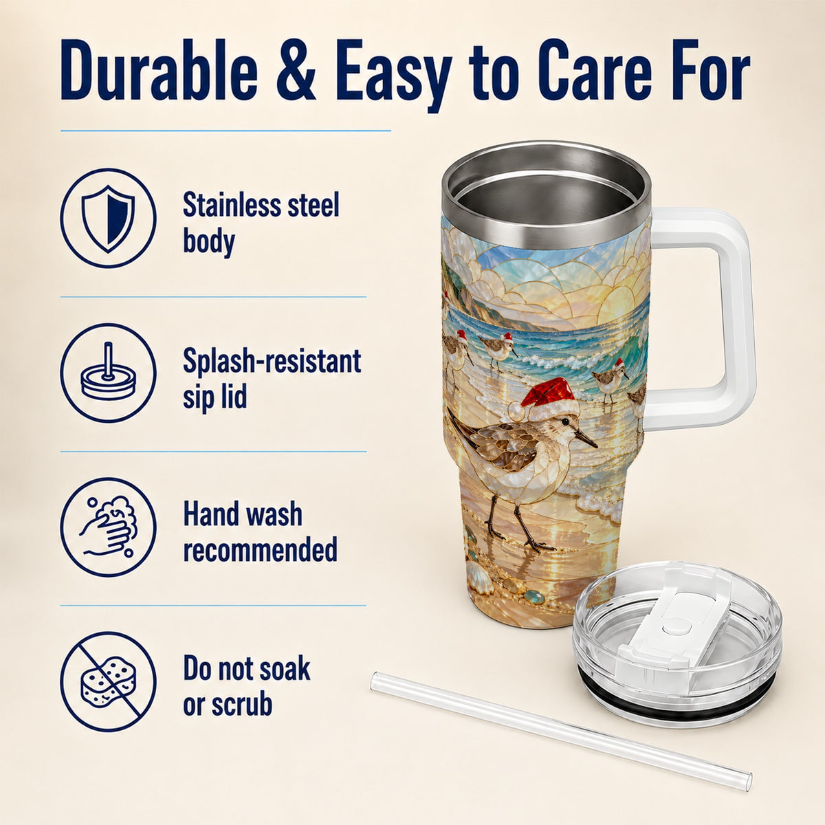 Santa Shorebird Tumbler 40oz, Coastal Tumbler, Stainless Steel Travel Cup