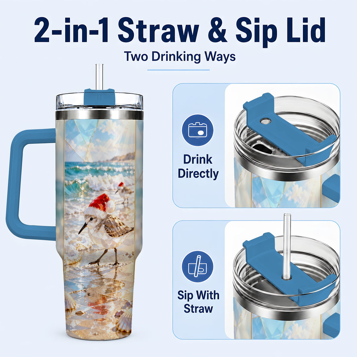 #pl[40oz|Blue] Christmas Shorebird Tumbler 40oz, Beach Tumbler, Stainless Steel Travel Cup