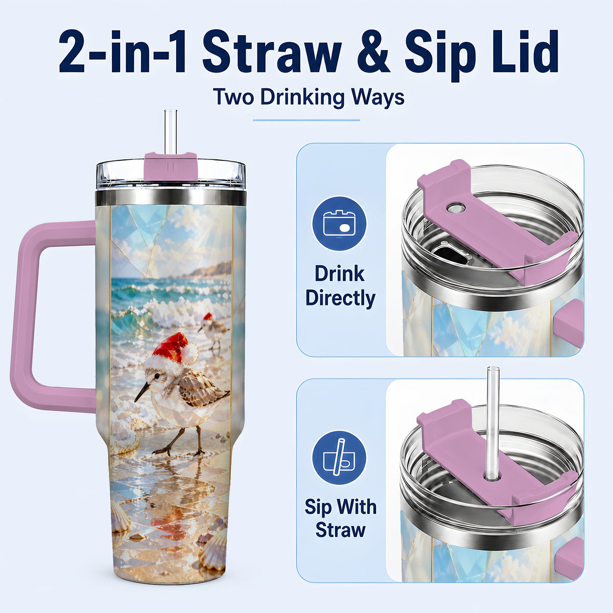 #pl[40oz|Pink] Christmas Shorebird Tumbler 40oz, Beach Tumbler, Stainless Steel Travel Cup