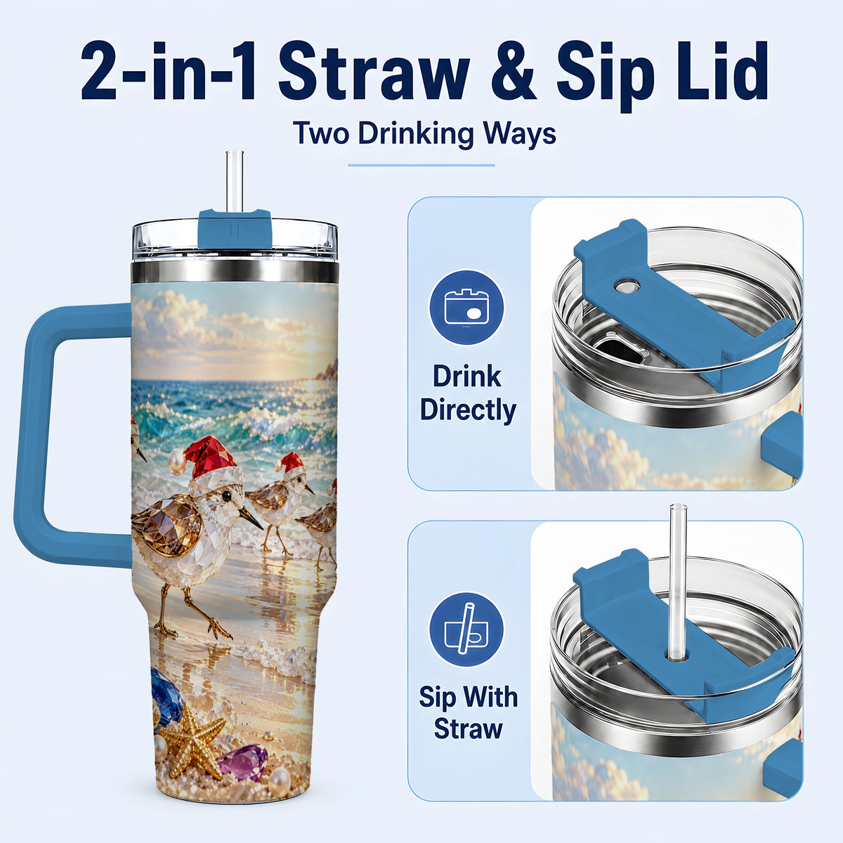#pl[40oz|Blue] Holiday Shorebird Tumbler 40oz, Seaside Tumbler, Stainless Steel Travel Cup
