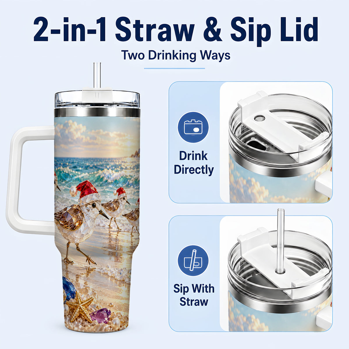#pl[40oz|White] Holiday Shorebird Tumbler 40oz, Seaside Tumbler, Stainless Steel Travel Cup
